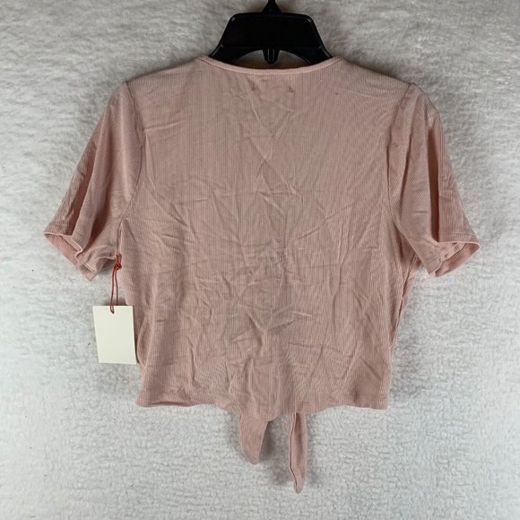 Open Edit Crop Top Women's XS Pink Knot Front Stretch‎ V-Neck Short Sleeve 6394 - Picture 2 of 7